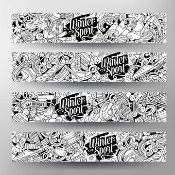 Cartoon cute vector hand drawn doodles Winter sports banners 스톡 일러스트