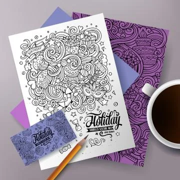 Cartoon cute vector hand drawn doodles Holidays corporate identity set Illustrazione stock