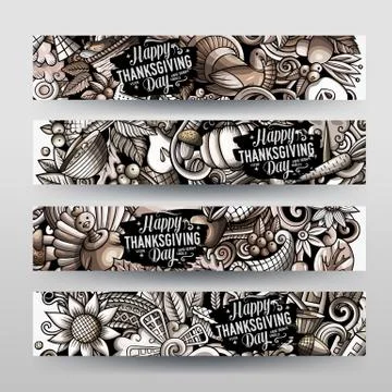 Cartoon cute vector hand drawn doodles Thanksgiving banners Stock Illustration