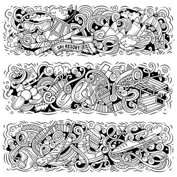 Cartoon cute vector hand drawn doodles Winter Sports banners Stock Illustration