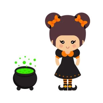 Cartoon cute witch vector and cauldron  Stockillustratie