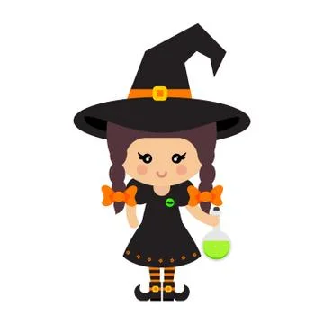 Cartoon cute witch vector with braids in hat and magic potion Stockillustratie