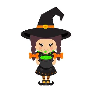 Cartoon cute witch vector with braids in hat and cauldron Stock Illustration
