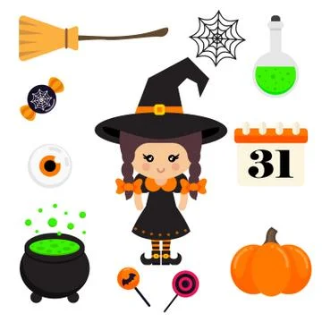 Cartoon cute witch vector with braids in hat and halloween element Stock Illustration