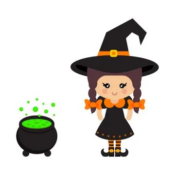 Cartoon cute witch vector with braids in hat with cauldron Stock Illustration