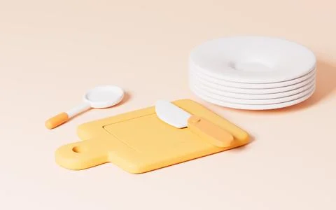 Cartoon cutting board and kitchenware, 3d rendering. Stock Illustration
