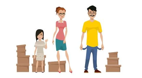 Cartoon dad with empty pockets and mom and daughter standing next to boxes Stock Illustration