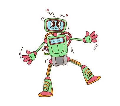 Cartoon dancing green pink robot with wavy antenna Stock Illustration