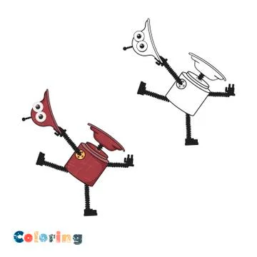 Cartoon dancing robot in retro style. Coloring vector illustration with color Stock Illustration