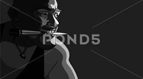 Cartoon dangerous man holding a knife with his teeth Stock Illustration