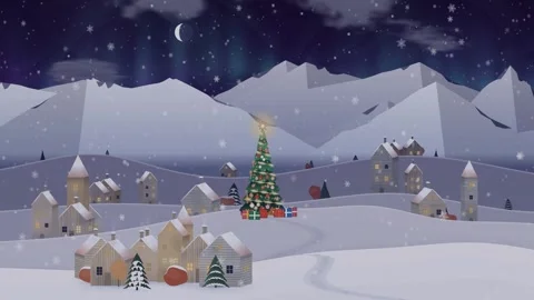Cartoon day to night time lapse, a decorated Christmas tree and mountains, with Stock Footage 345375203