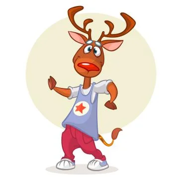 Cartoon deer dancing. Vector illustration of happy reindeer dancing disco or  Stock Illustration