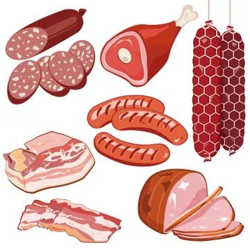 Cartoon delicious meat products. Vector illustration set. Stock Illustration