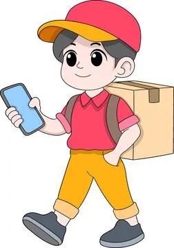Cartoon Delivery Boy Using Smartphone for Delivery Order Stock Illustration