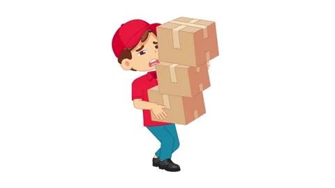 A cartoon delivery person stressed while balancing a tall pile of cardboard Vidéo 343897328