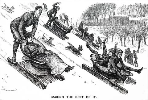  Cartoon depicting people sledging making the most of the snow. Dated 19th... Stock Photos
