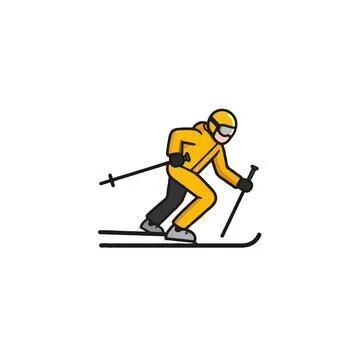 Cartoon depiction of a skier gliding down a slope showcasing recreational w.. Illustrazione stock