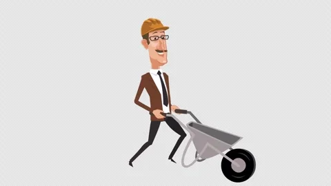 Cartoon design engineer character running and pushing empty hand barrow cart Stock Footage 244739114