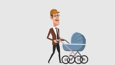 Cartoon design engineer character walking with baby pram animation with alpha Stock Footage 244738858