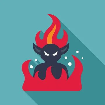 Cartoon devil character surrounded by flames with long shadow Stock Illustration