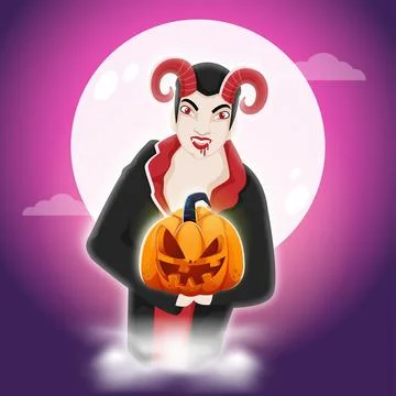 Cartoon Devil Man Character Holding a Spooky Pumpkin on Full Moon Purple Cl.. Stock Illustration