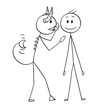 Cartoon of Devil or Demon Whispering a Secret or Advice in Ear of Man Stock Illustration