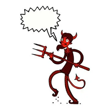 Cartoon devil with pitchfork with speech bubble Stock Illustration