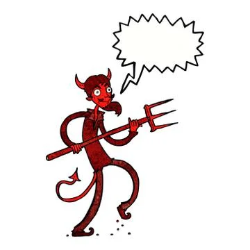 Cartoon devil with pitchfork with speech bubble Stock Illustration