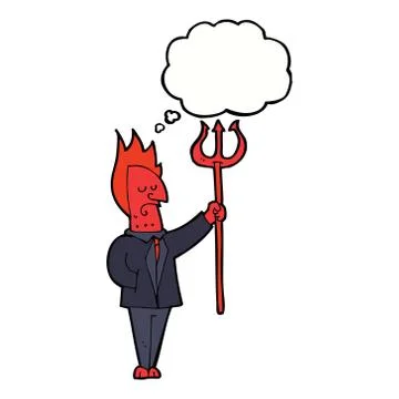 Cartoon devil with pitchfork with thought bubble Stock Illustration