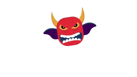 A cartoon devil with red skin, pointed horns, and a long tail, grinning mis.. 動画素材 332390728
