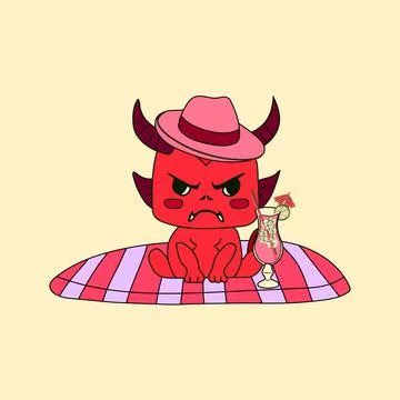 Cartoon devil sitting on a beach towel Stock Illustration