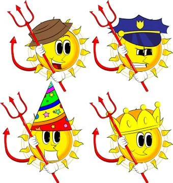 Cartoon devil sun with pitchfork. Collection with costume. Expressions vector 스톡 일러스트