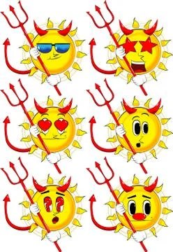 Cartoon devil sun with pitchfork. Collection with various facial expressions. Stock Illustration