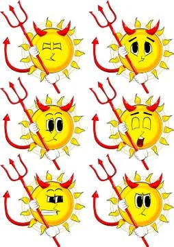 Cartoon devil sun with pitchfork. Collection with sad faces. Expressions vect Stock Illustration