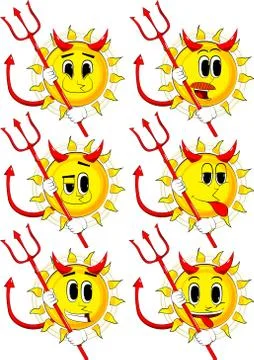 Cartoon devil sun with pitchfork. Collection with happy faces. Expressions ve Stock Illustration