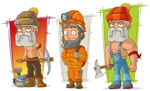Cartoon digger and lumberjack character vector set Stock Illustration