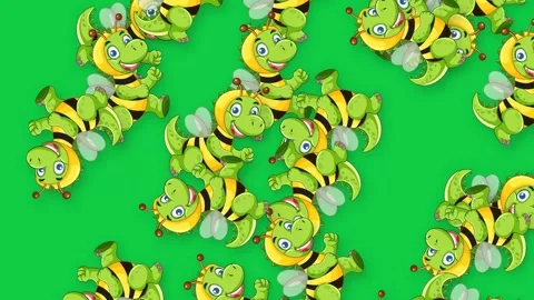 Cartoon Dinosaur Bee Characters Falling on Green Background Animation Stock Footage 342100871