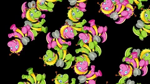 Cartoon Dinosaur Characters Falling Against a Solid Black Background Stock Footage 340968225