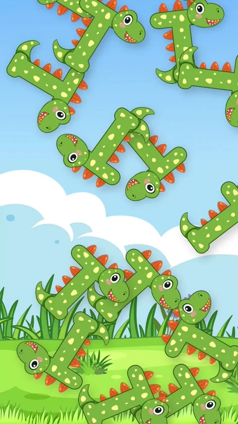 Cartoon Dinosaur Characters Falling Over a Sunny Meadow Background Stock Footage 346427600