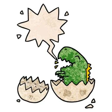 Cartoon dinosaur hatching from egg and speech bubble in retro texture style Illustrazione stock