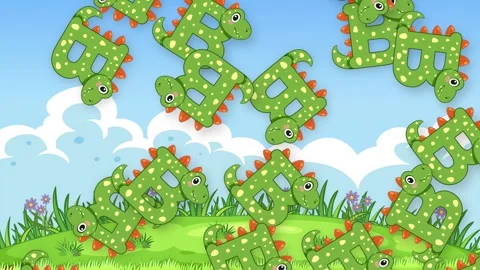 Cartoon Dinosaur Letter B Objects Falling Over Grassy Hill Background Stock Footage 342210793