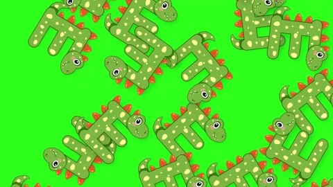 Cartoon Dinosaur Letter E Objects Falling on Green Background Stock Footage 342118423
