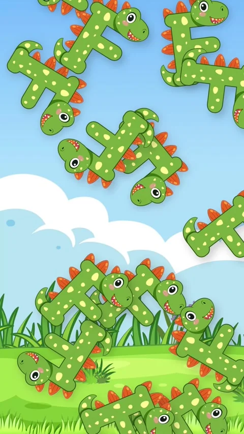 Cartoon Dinosaur Letter F Objects Falling Over Grassy Landscape Background Stock Footage 342780147