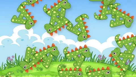 Cartoon Dinosaur Letter A Falling Over Grassy Hill Background Video stock 344850895