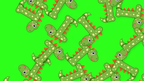 Cartoon Dinosaur Letter I Objects Falling on Green Screen Background Stock Footage 341841947