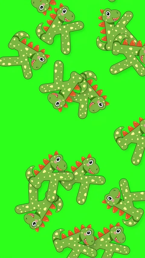 Cartoon Dinosaur Letter K Objects Falling on Green Background Stock Footage 342208370