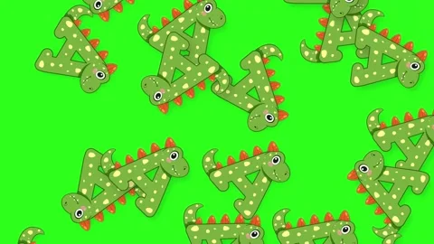 Cartoon Dinosaur Letter A Objects Falling on Green Screen Background Stock Footage 342316197