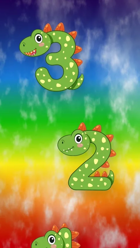 Cartoon Dinosaur Numbers Falling Over Colorful Rainbow Sky Background Stock Footage 341549864