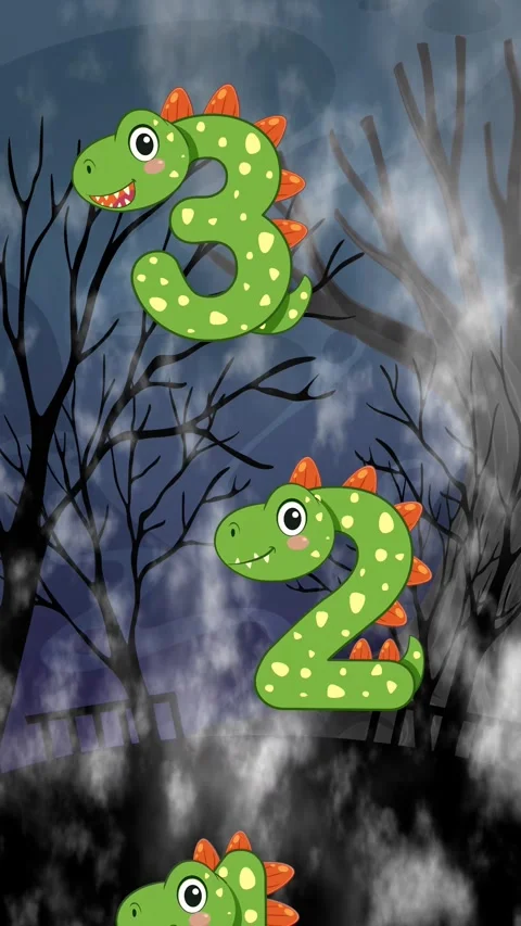 Cartoon Dinosaur Numbers Falling Over Spooky Night Sky Background Stock Footage 341550304