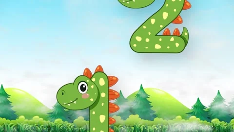 Cartoon Dinosaur Numbers Falling Over Green Forest Landscape Background Stock Footage 342206178